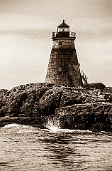 Saddleback Ledge Light on Rocky Island Shore -BW